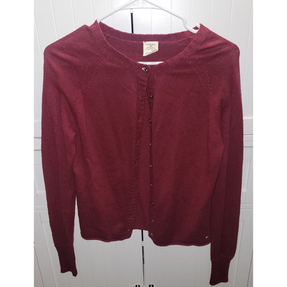 Tommy Jeans Womens Burgundy Cotton Wool Blend Button Up Cardigan Sweater Size M